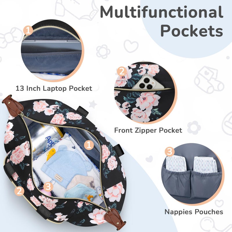 Tenot Diaper Bag Tote with Pacifier Case, Baby Bag for Women with Shoulder Straps, Travel Diaper Tote for for Mom and Dad Medium Size, Black Pink Floral - Image 5