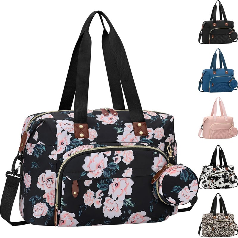 Tenot Diaper Bag Tote with Pacifier Case, Baby Bag for Women with Shoulder Straps, Travel Diaper Tote for for Mom and Dad Medium Size, Black Pink Floral - Image 1