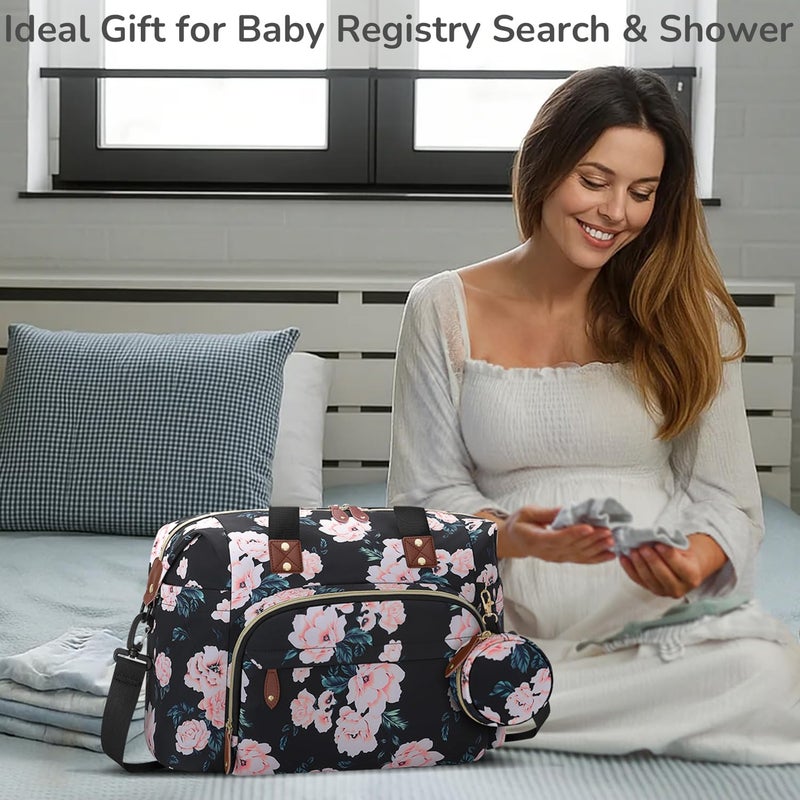 Tenot Diaper Bag Tote with Pacifier Case, Baby Bag for Women with Shoulder Straps, Travel Diaper Tote for for Mom and Dad Medium Size, Black Pink Floral - Image 2