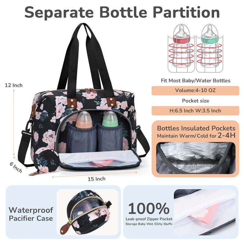 Tenot Diaper Bag Tote with Pacifier Case, Baby Bag for Women with Shoulder Straps, Travel Diaper Tote for for Mom and Dad Medium Size, Black Pink Floral - Image 4