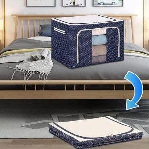 RIVUGJA RIVUGJA Fabric Clothes Storage Box for Wardrobe Cloth Saree Towel Blanket Foldable Organizer Bag with Steel Frame Top and Front Zipper Open Bags 2 PCS 66L - Image 2