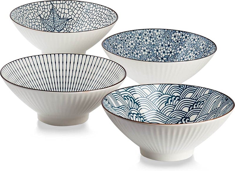 QINLANG 38 oz Japanese Ramen Bowls Ceramic Set of 4 for Cereal Soup Pho Noodles  Blue and White 8 Inches