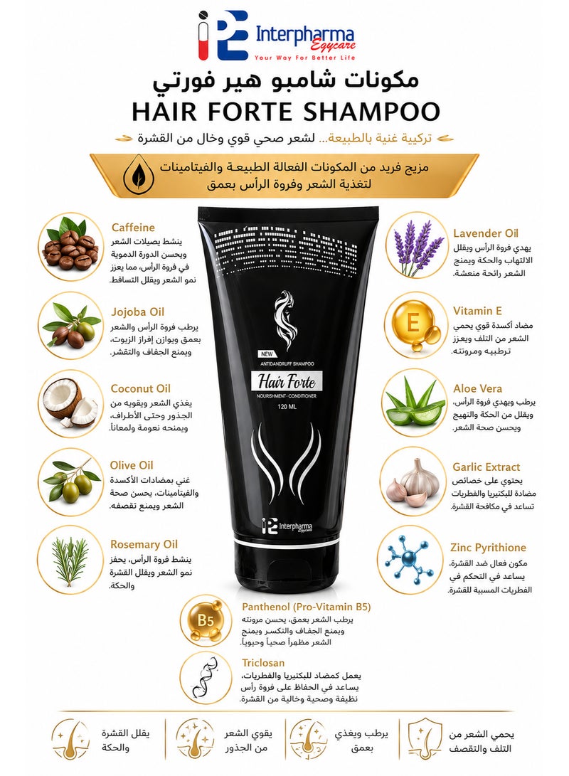 Interpharma Egycare Hair Forte Anti-Dandruff Shampoo 120ml | Zinc Pyrithione, Caffeine, Panthenol & Natural Oils for a Clean, Healthy Scalp - Image 2