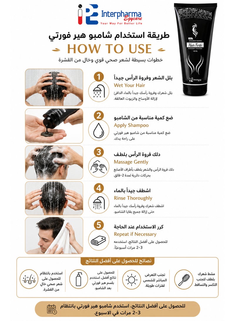 Interpharma Egycare Hair Forte Anti-Dandruff Shampoo 120ml | Zinc Pyrithione, Caffeine, Panthenol & Natural Oils for a Clean, Healthy Scalp - Image 3