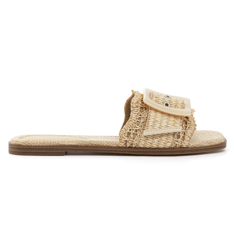Rihero Raffia Flat Sandals for Women Dressy Slip On Beach Slides Square Toe Buckle Summer Fashion Woven Sandals Natural Size 8 - Image 3