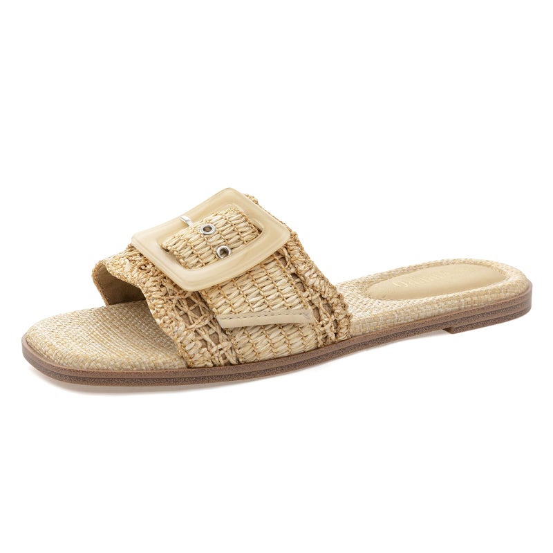 Rihero Raffia Flat Sandals for Women Dressy Slip On Beach Slides Square Toe Buckle Summer Fashion Woven Sandals Natural Size 8 - Image 1