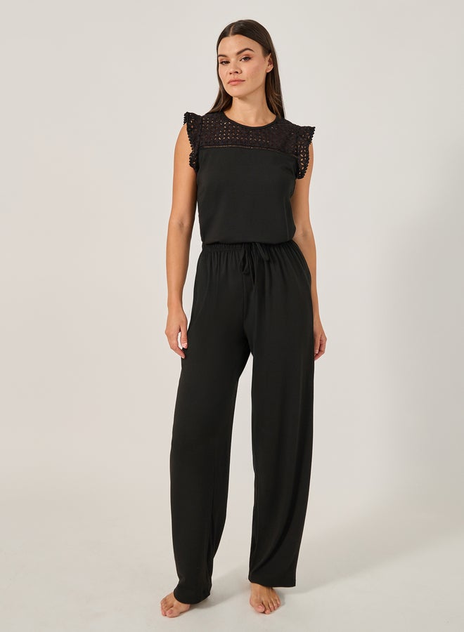 Styli Schiffli Yoke Pompom Trim Detail Top and Pyjama Pants Set  - Image 3