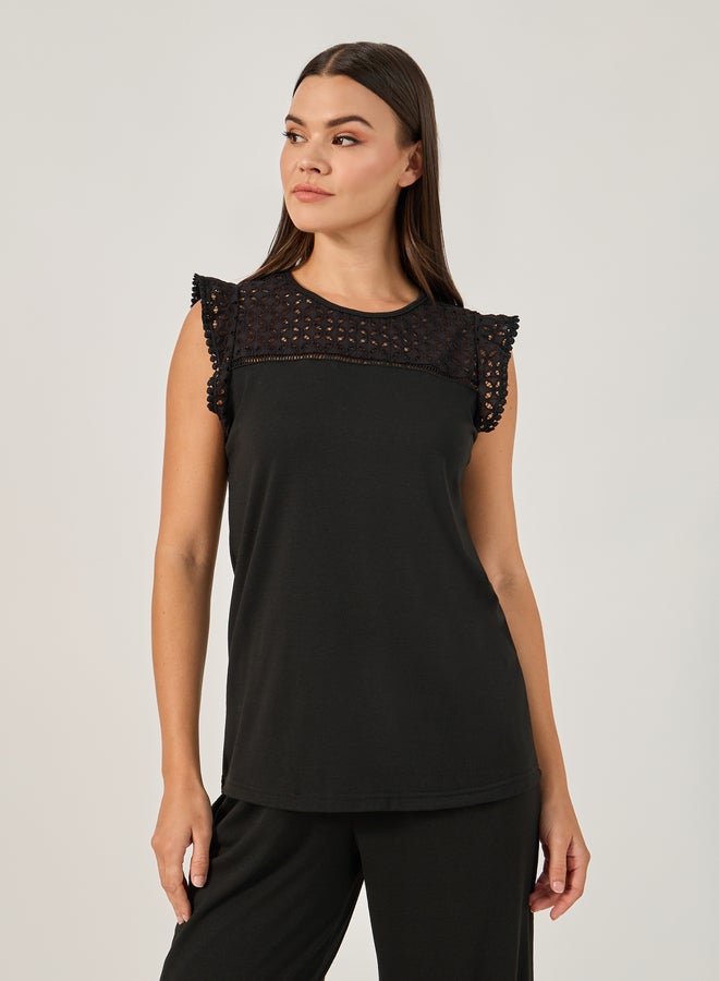 Styli Schiffli Yoke Pompom Trim Detail Top and Pyjama Pants Set  - Image 4