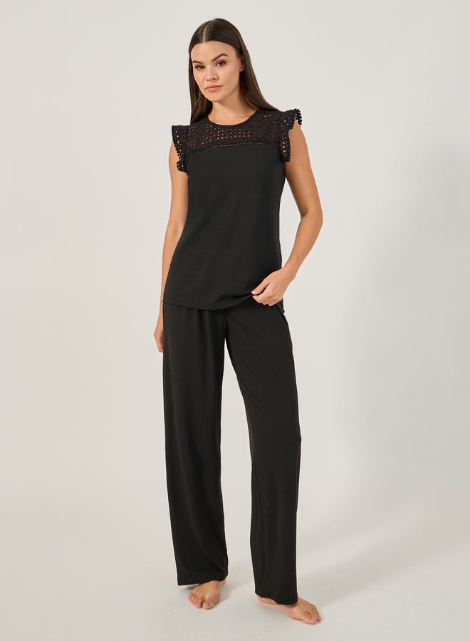 Styli Schiffli Yoke Pompom Trim Detail Top and Pyjama Pants Set  - Image 2