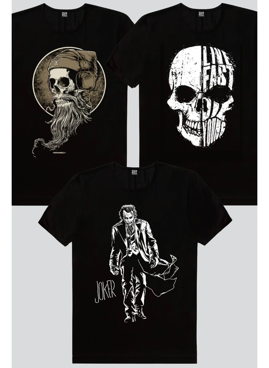 روك اند رول Rock & Roll Bearded Skull, Live Fast, Coat Joker Men's T-Shirt 3-Pack Eco Pack