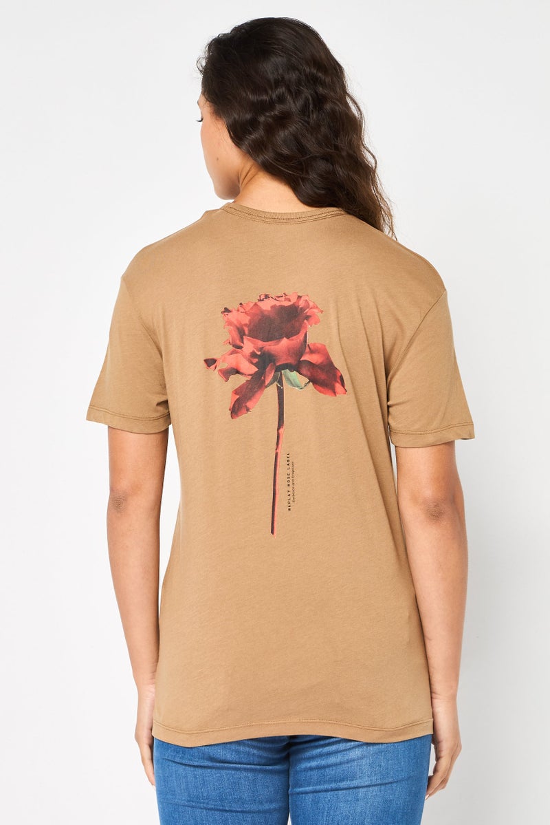 Replay Women Round Neck Short Sleeve Graphic Print T-Shirt, Brown - Image 3