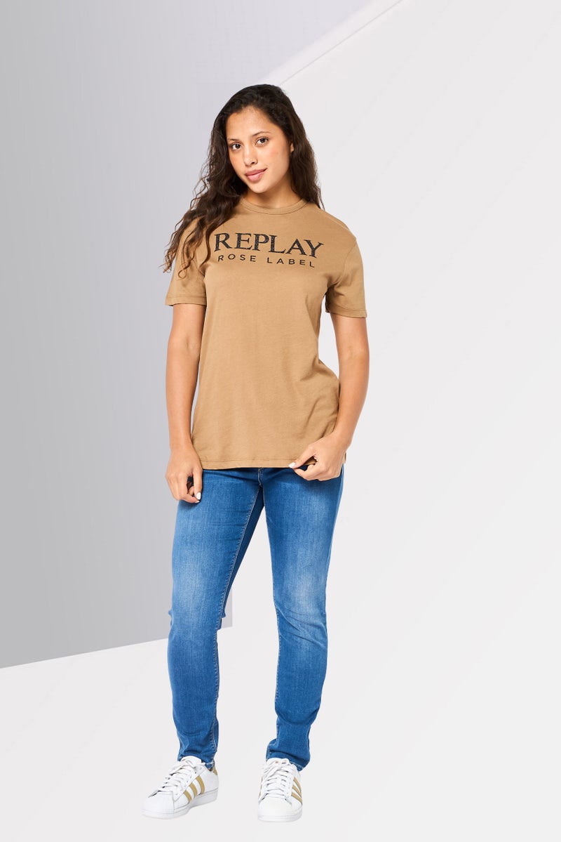 Replay Women Round Neck Short Sleeve Graphic Print T-Shirt, Brown - Image 2