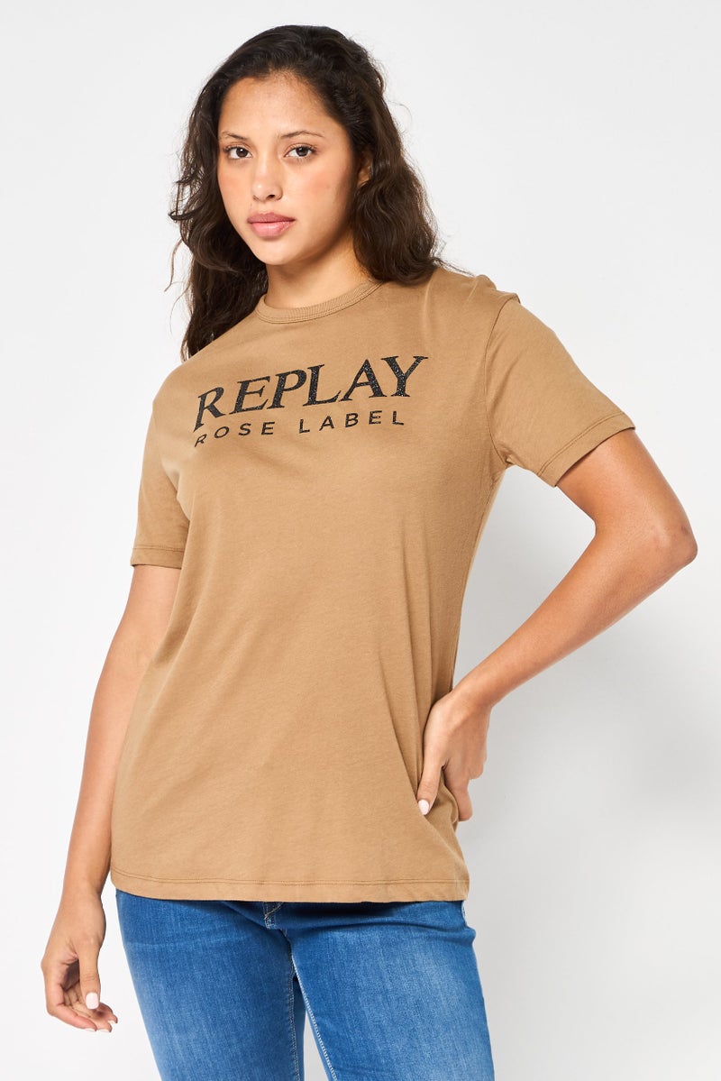 Replay Women Round Neck Short Sleeve Graphic Print T-Shirt, Brown - Image 1