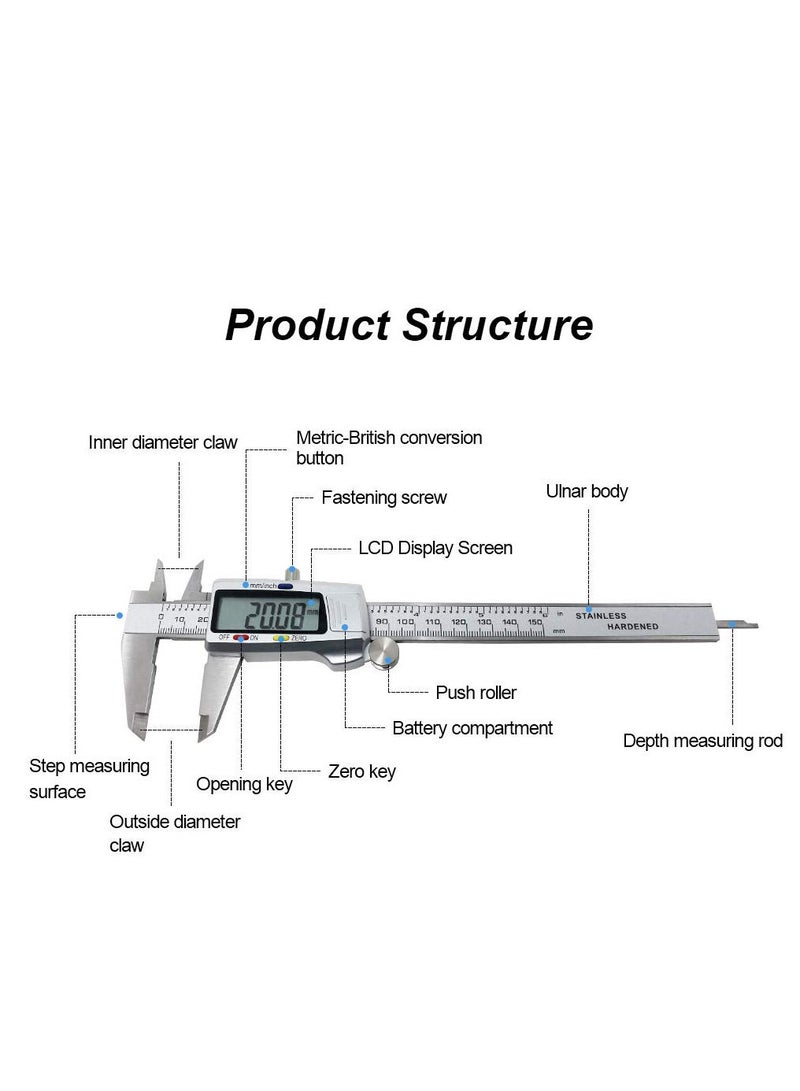 Digital Caliper 6 Inch 150mm Measuring Tool, Electronic Micrometer Vernier Calipers, Accurate Measurement, 0.01mm Resolution Stainless Steel Large LCD Screen Measuring device  - Image 2