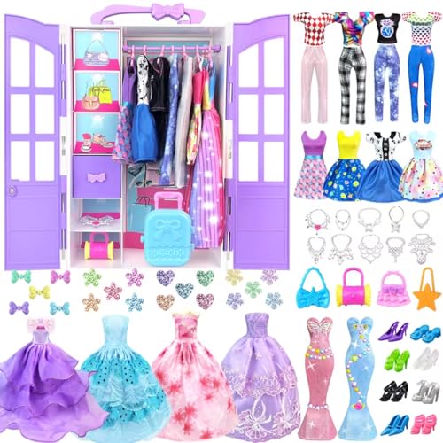 VLUSSO 92Pcs Doll Clothes and Accessories with Closet for 115 Inch Doll Fashion Design Kit Girl Dress Up Including Fashion Dress Outfits Tops and Pants Shoes Hangers Bags Necklaces Girls Toy Gifts - Image 1