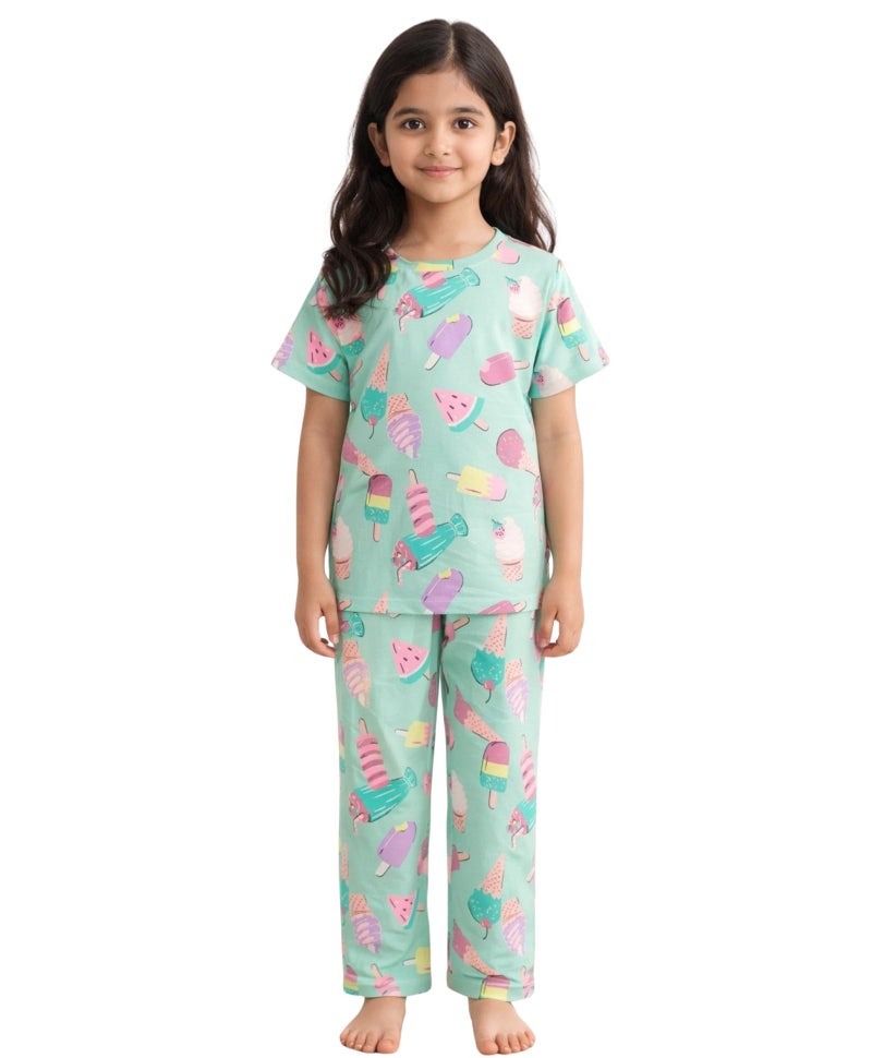 ANTHRILO Summer Pyjama Set for Girls | Pure Cotton| Casual Wear |Icecream Aqua Short Sleeves Pyjama Set - Aqua 7-8 Years - Image 1