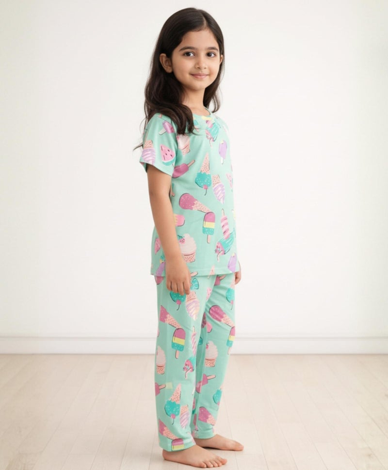 ANTHRILO Summer Pyjama Set for Girls | Pure Cotton| Casual Wear |Icecream Aqua Short Sleeves Pyjama Set - Aqua 7-8 Years - Image 4