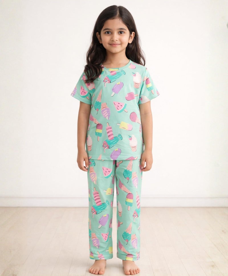 ANTHRILO Summer Pyjama Set for Girls | Pure Cotton| Casual Wear |Icecream Aqua Short Sleeves Pyjama Set - Aqua 7-8 Years - Image 2