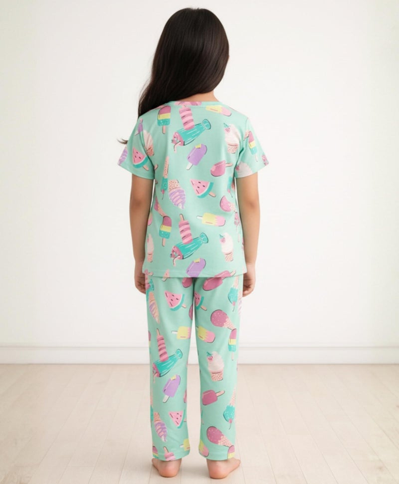 ANTHRILO Summer Pyjama Set for Girls | Pure Cotton| Casual Wear |Icecream Aqua Short Sleeves Pyjama Set - Aqua 7-8 Years - Image 3