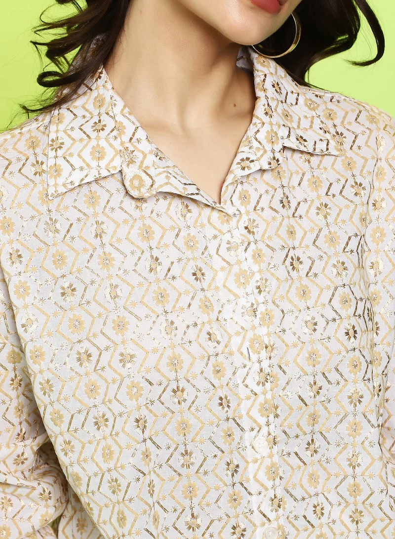 Pinacolada  Women's Off-White:Buff Beige Embroidered Geometric Oversized Shirt For Casual Wear | Spread Collar | Long Cuffed Sleeves | Button Closure | Oversized Shirt Crafted With Comfort Fit For Everyday Wear for Women | Best Price UAE