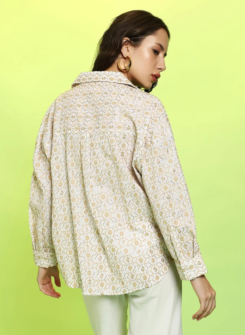 Pinacolada  Women's Off-White:Buff Beige Embroidered Geometric Oversized Shirt For Casual Wear | Spread Collar | Long Cuffed Sleeves | Button Closure | Oversized Shirt Crafted With Comfort Fit For Everyday Wear for Women | Best Price UAE