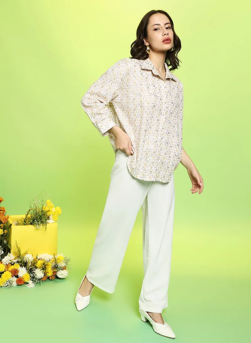Pinacolada  Women's Off-White:Buff Beige Embroidered Geometric Oversized Shirt For Casual Wear | Spread Collar | Long Cuffed Sleeves | Button Closure | Oversized Shirt Crafted With Comfort Fit For Everyday Wear for Women | Best Price UAE