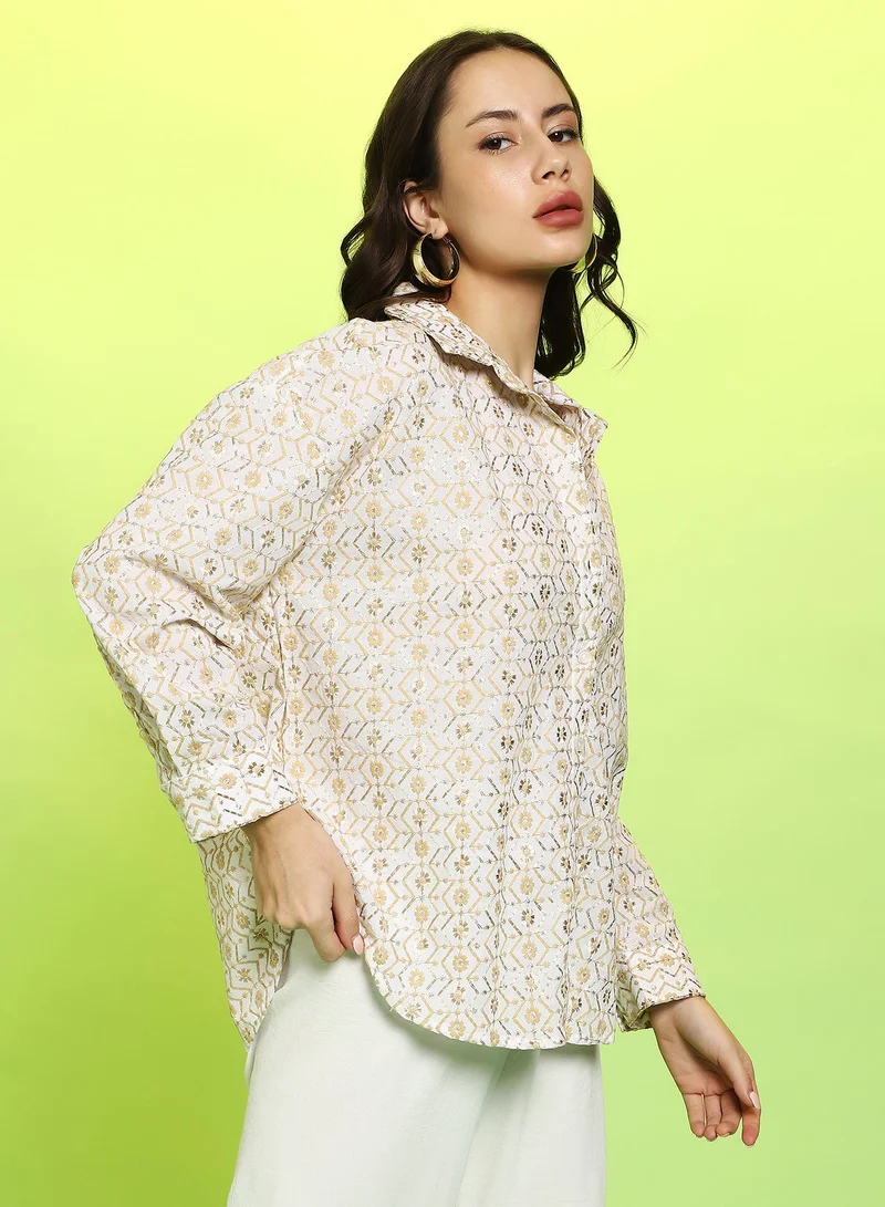 Pinacolada  Women's Off-White:Buff Beige Embroidered Geometric Oversized Shirt For Casual Wear | Spread Collar | Long Cuffed Sleeves | Button Closure | Oversized Shirt Crafted With Comfort Fit For Everyday Wear for Women | Best Price UAE