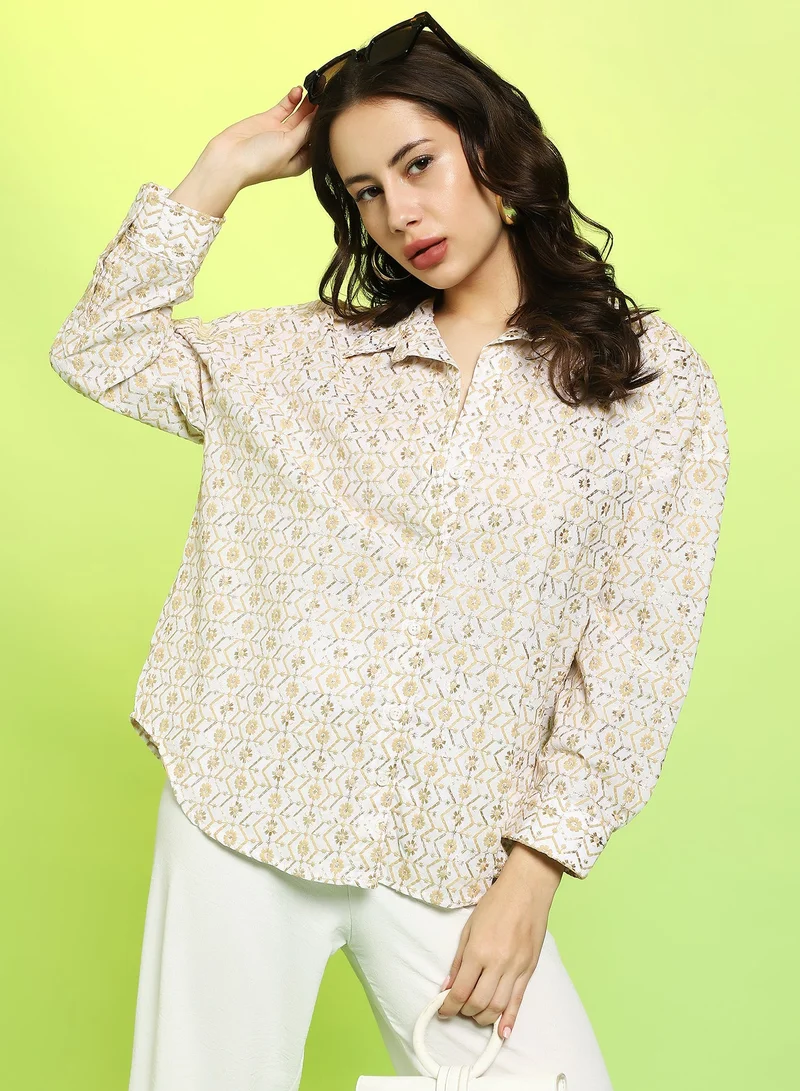 Pinacolada  Women's Off-White:Buff Beige Embroidered Geometric Oversized Shirt For Casual Wear | Spread Collar | Long Cuffed Sleeves | Button Closure | Oversized Shirt Crafted With Comfort Fit For Everyday Wear for Women | Best Price UAE