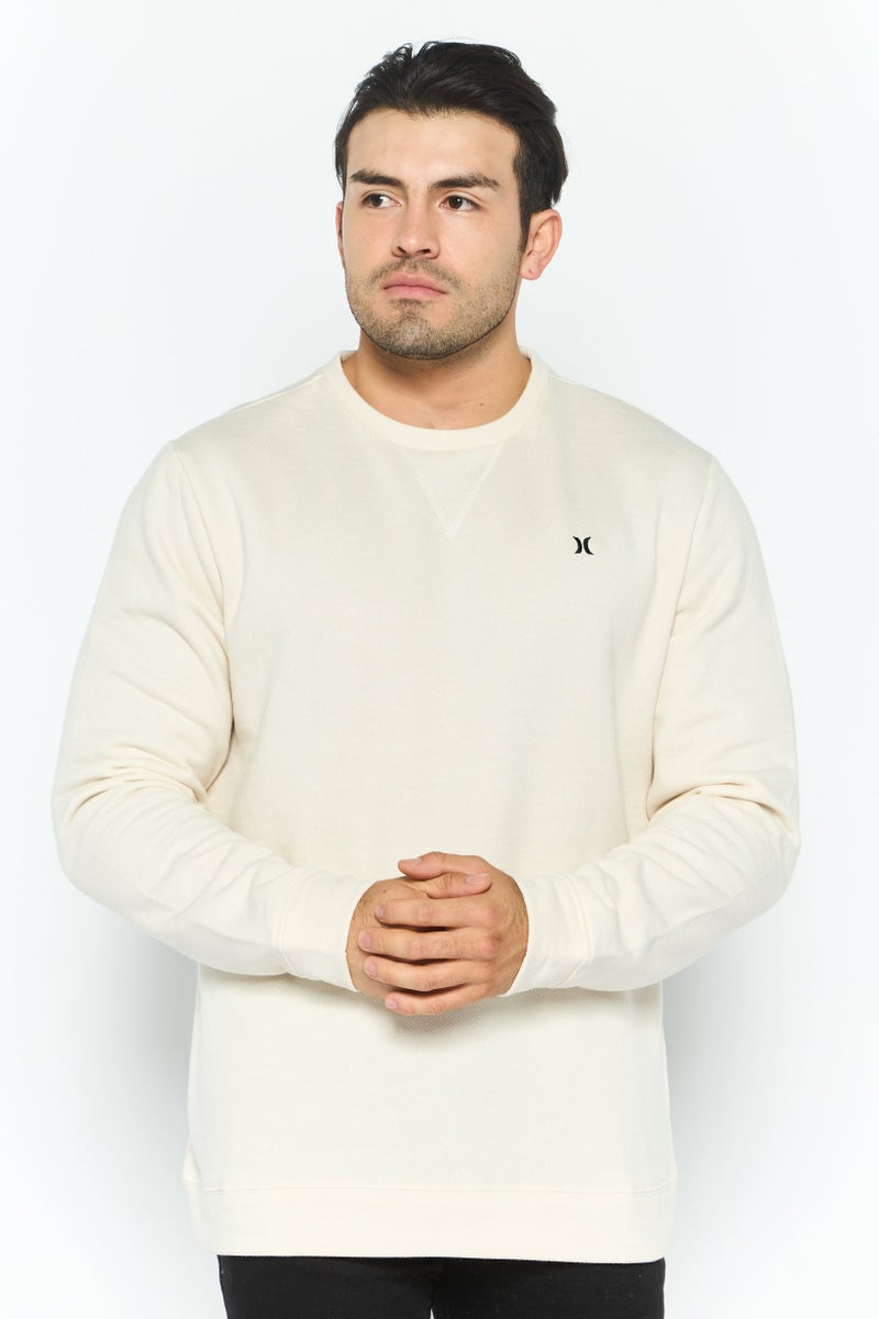 Hurley سويت شيرت رجالي بأكمام طويلة وياقة دائرية بشعار العلامة التجارية، كريمي - Image 1