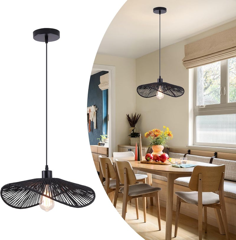Garwarm Chandelier Boho Rattan ceiling light Pendant Light Fixture Modern Hanging Light Bamboo Handwoven 1-Light Hanging Lamp for Farmhouse Bedroom Living Room Dining Room black 41cm - Image 1