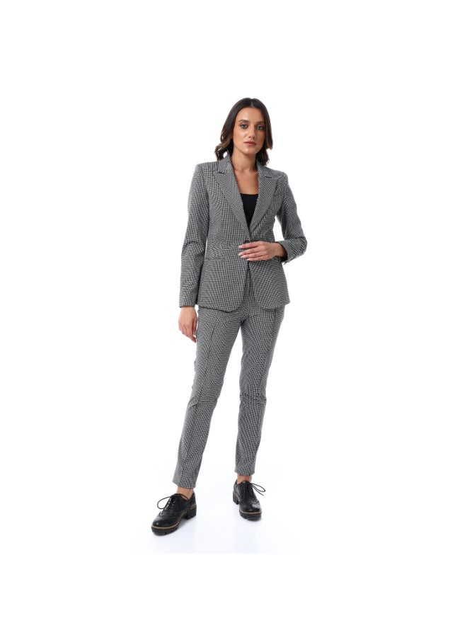 Esla Black & White Houndstooth Self Pattern Single Breasted Long Sleeves Blazer  - Image 1
