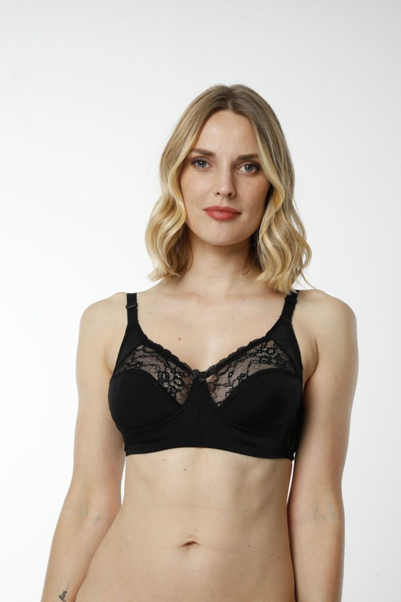 HMD Underwear Hmd 6060 Women's 3-Piece Comfortable Texture 100% Cotton Black Thin Strap Breast Lace Detail Rib Minimizer Bra  - Image 4