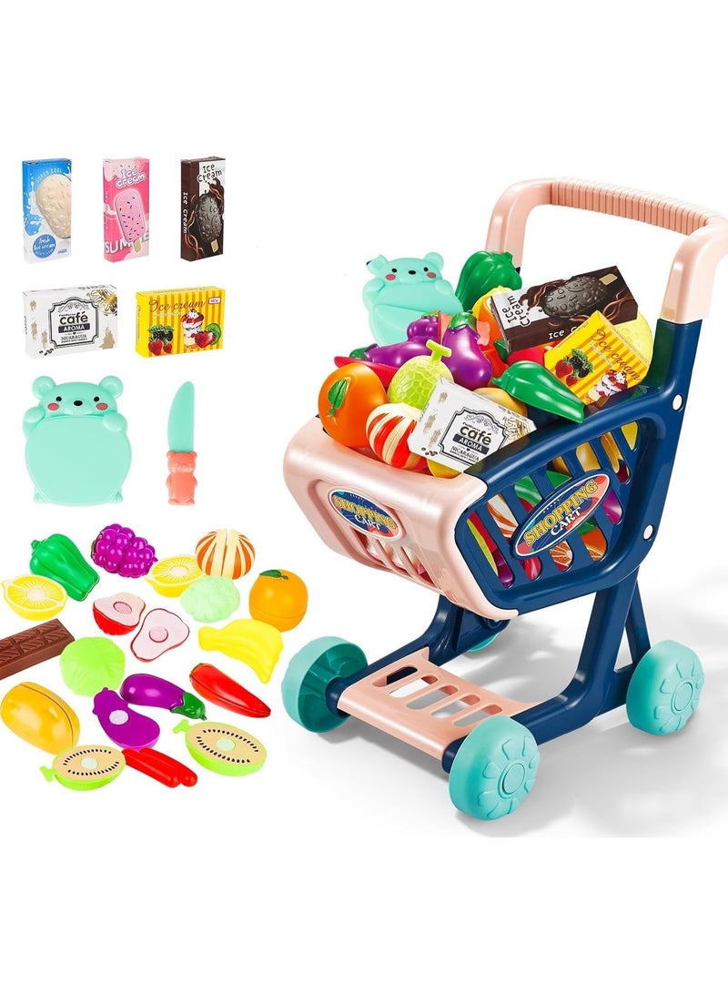 REZZOSS 36 PCS Realistic Supermarket Shop Counter Toy Set – Pretend Play Shopping Trolley Cart with 30+ Food Items & Grocery Boxes | Educational Social Skill Toy | Best Birthday, Eid, Christmas & Exam Pass Gift for Boys & Girls - Image 2