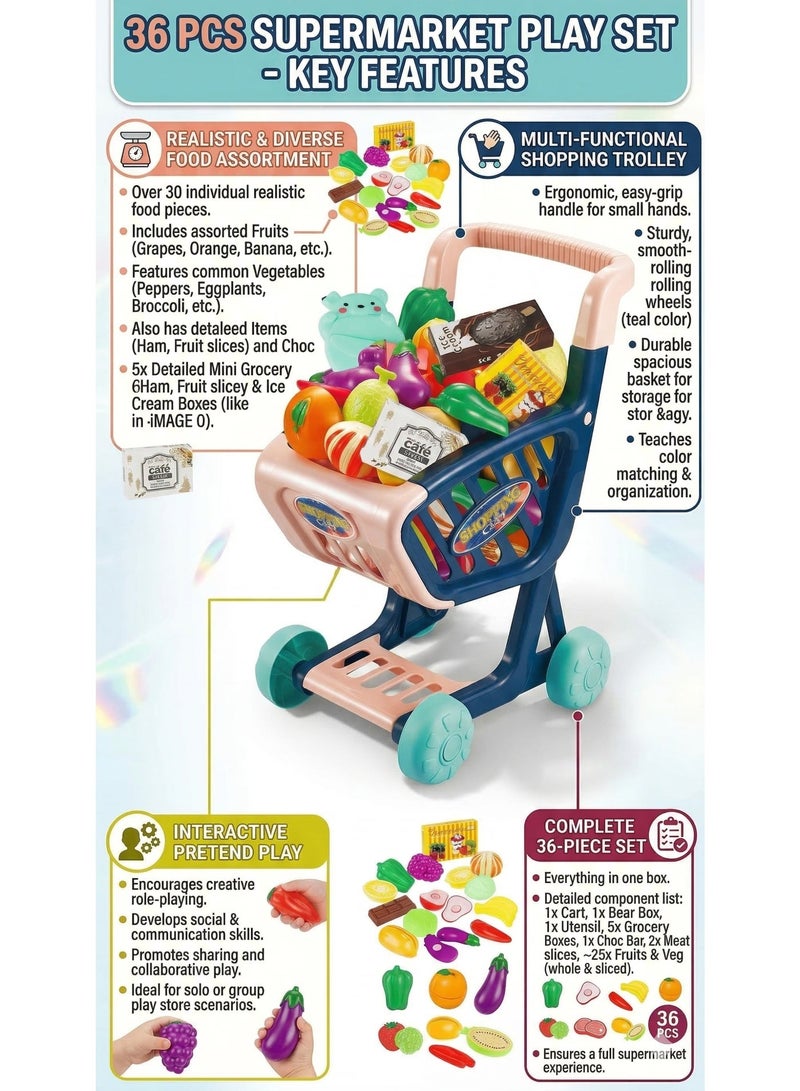REZZOSS 36 PCS Realistic Supermarket Shop Counter Toy Set – Pretend Play Shopping Trolley Cart with 30+ Food Items & Grocery Boxes | Educational Social Skill Toy | Best Birthday, Eid, Christmas & Exam Pass Gift for Boys & Girls - Image 4