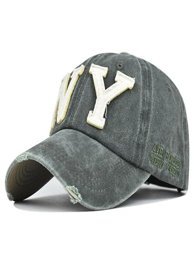 Aavjo Unisex Denim Cotton Vintage Embroidered Adjustable Baseball Cap (NY - Green) - Image 1