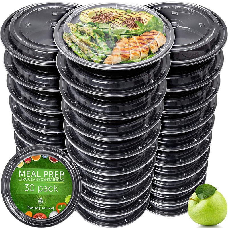 Prep Naturals Meal Prep Containers - Dishwasher-Safe Plastic Bowls with Lids - Freezer & Microwave-Safe Food Storage Containers with Lids - Portion-Control Meal Prep Bowls - 30 Pack, 24 Oz, Black - Image 1