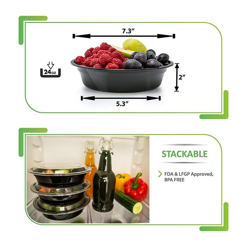 Prep Naturals Meal Prep Containers - Dishwasher-Safe Plastic Bowls with Lids - Freezer & Microwave-Safe Food Storage Containers with Lids - Portion-Control Meal Prep Bowls - 30 Pack, 24 Oz, Black - Image 3