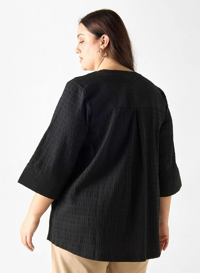 Ulla Popken Plus Size Ulla Popken Textured V-neck Top with 3/4 Sleeves