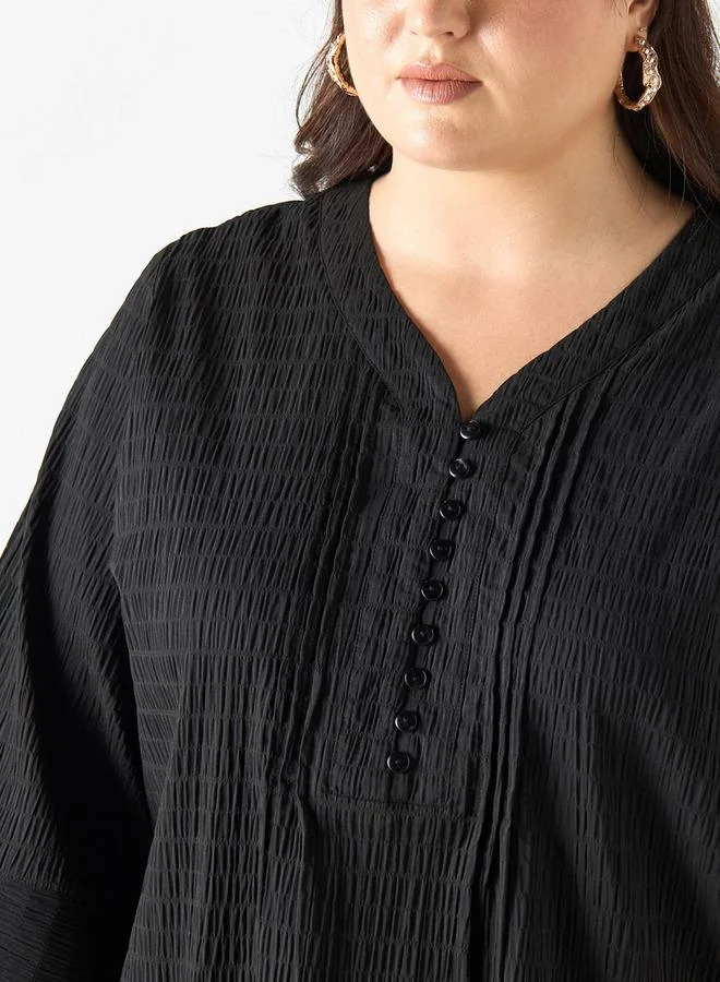 Ulla Popken Plus Size Ulla Popken Textured V-neck Top with 3/4 Sleeves