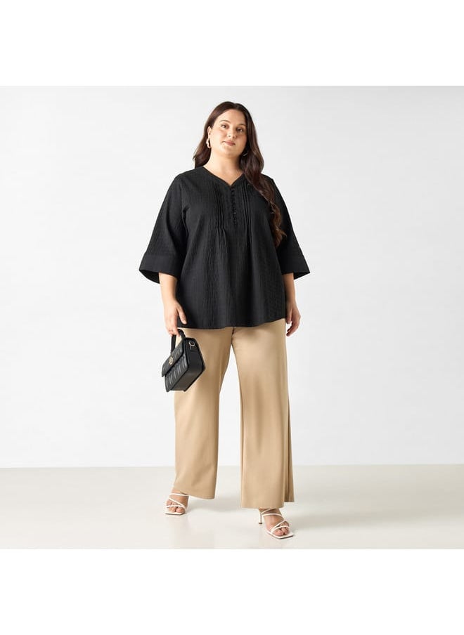 Ulla Popken Plus Size Ulla Popken Textured V-neck Top with 3/4 Sleeves  - Image 2