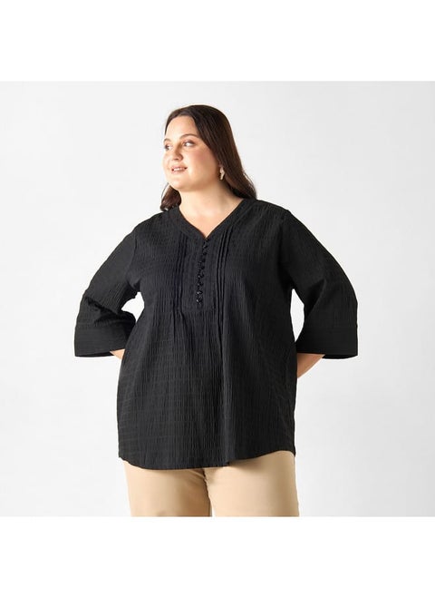 Plus Size Ulla Popken Textured V-neck Top with 3/4 Sleeves