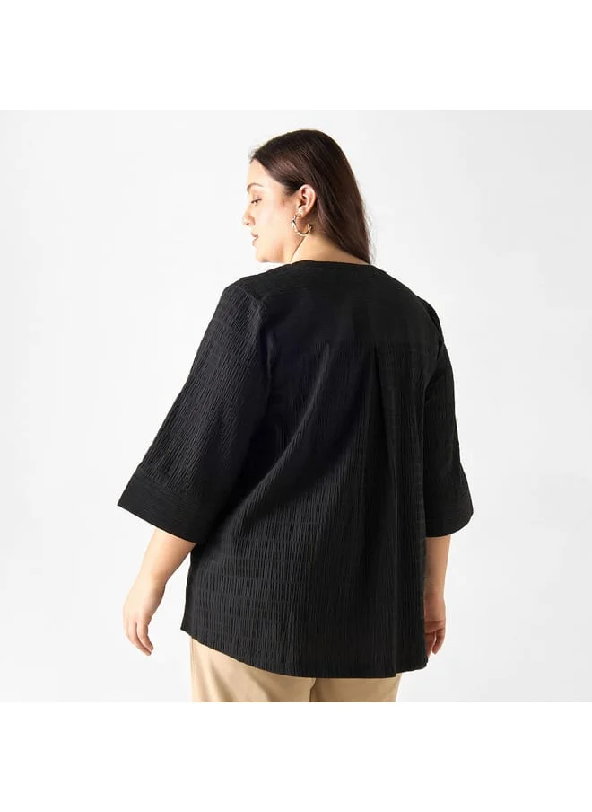Ulla Popken Plus Size Ulla Popken Textured V-neck Top with 3/4 Sleeves