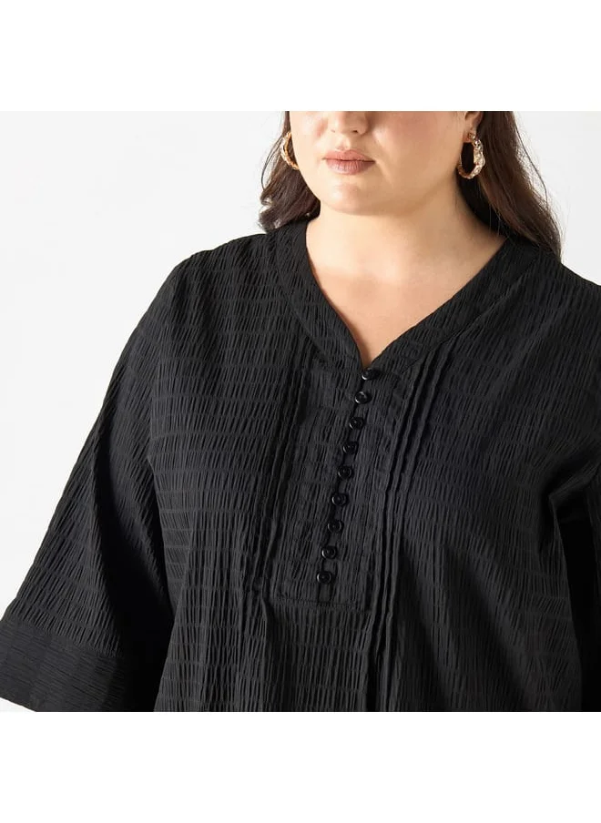Ulla Popken Plus Size Ulla Popken Textured V-neck Top with 3/4 Sleeves