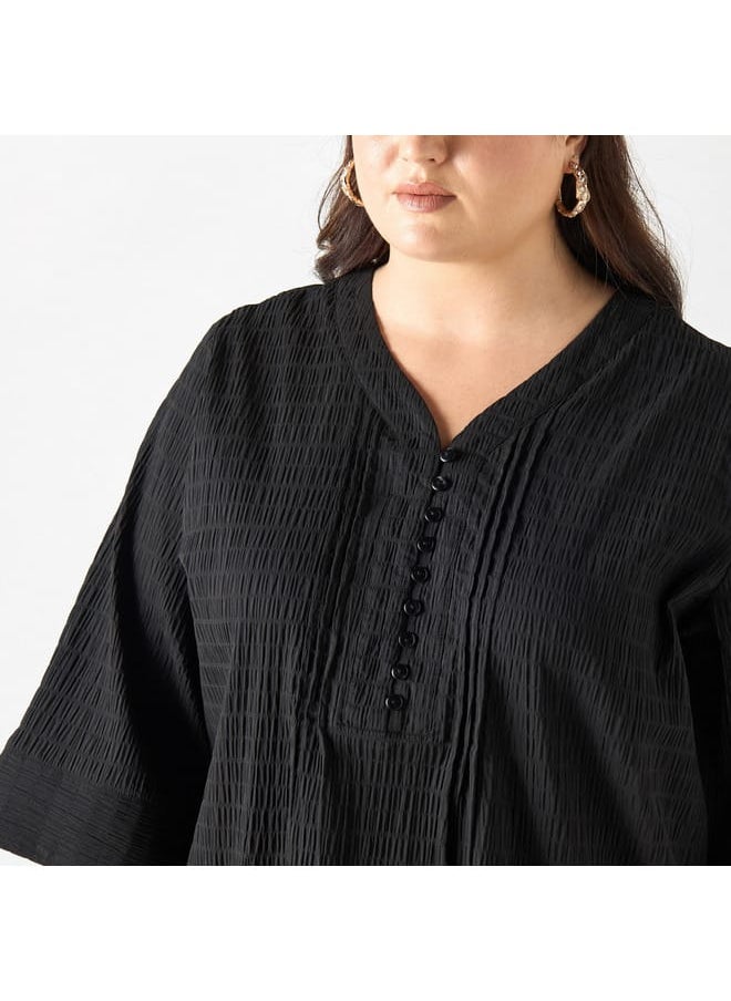 Ulla Popken Plus Size Ulla Popken Textured V-neck Top with 3/4 Sleeves  - Image 4