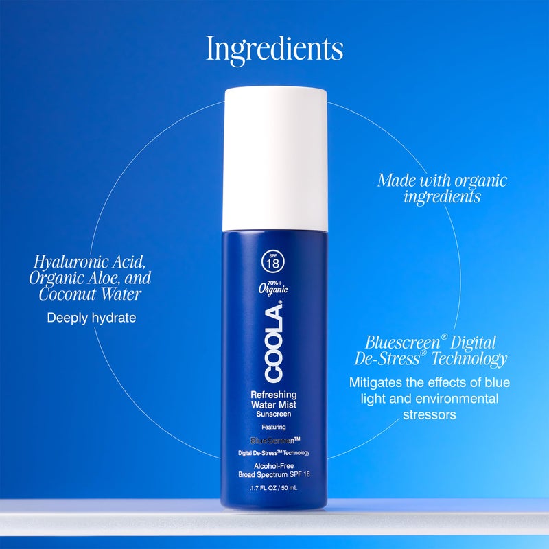 COOLA Organic Refreshing Water Mist Face Moisturizer with SPF 18, Dermatologist Tested Face Sunscreen with Plant-Derived BlueScreen Digital De-Stress Technology, 1.7 Fl Oz - Image 2