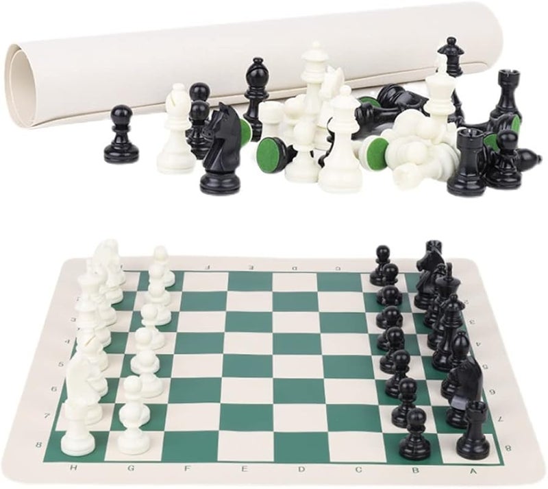 Green Vinyl Roll Up Travel Chess Set With Tournament Chess Pieces And Mat - Image 1