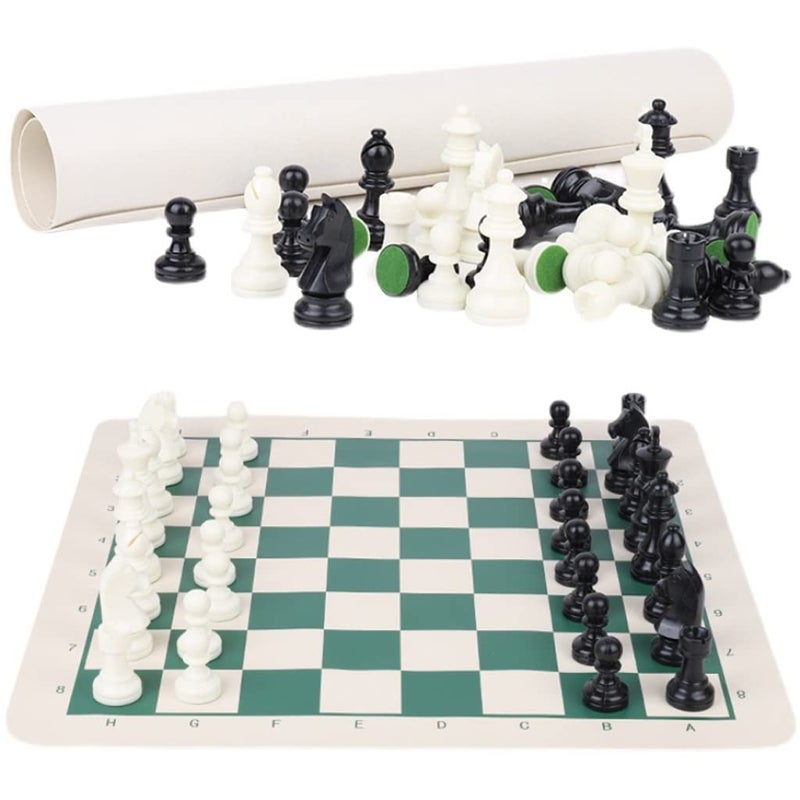 Green Vinyl Roll Up Travel Chess Set With Tournament Chess Pieces And Mat - Image 2