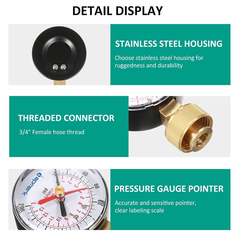 Eacam 2-1/2'' Pressure Water Pressure Test 3/4'' Female Hose Thread 0-200 PSI with Red Pointer - Image 5