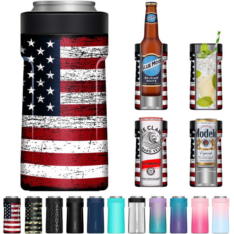 3 In 1 Insulated Universal Can Cooler  Signice Double Walled Vacuum Insulator Stainless Steel Slim Can Cooler for 12 Oz Skinny Tall Standard Regular Can Beer Bottle Flag