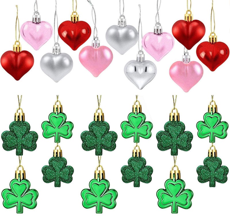 StarPower 24pcs Valentines Day Heart Shaped Ornaments and 24pcs St Patricks Day Shamrock Ornaments for Valentines Day and St Patricks Day Party Favor Gift Supplies